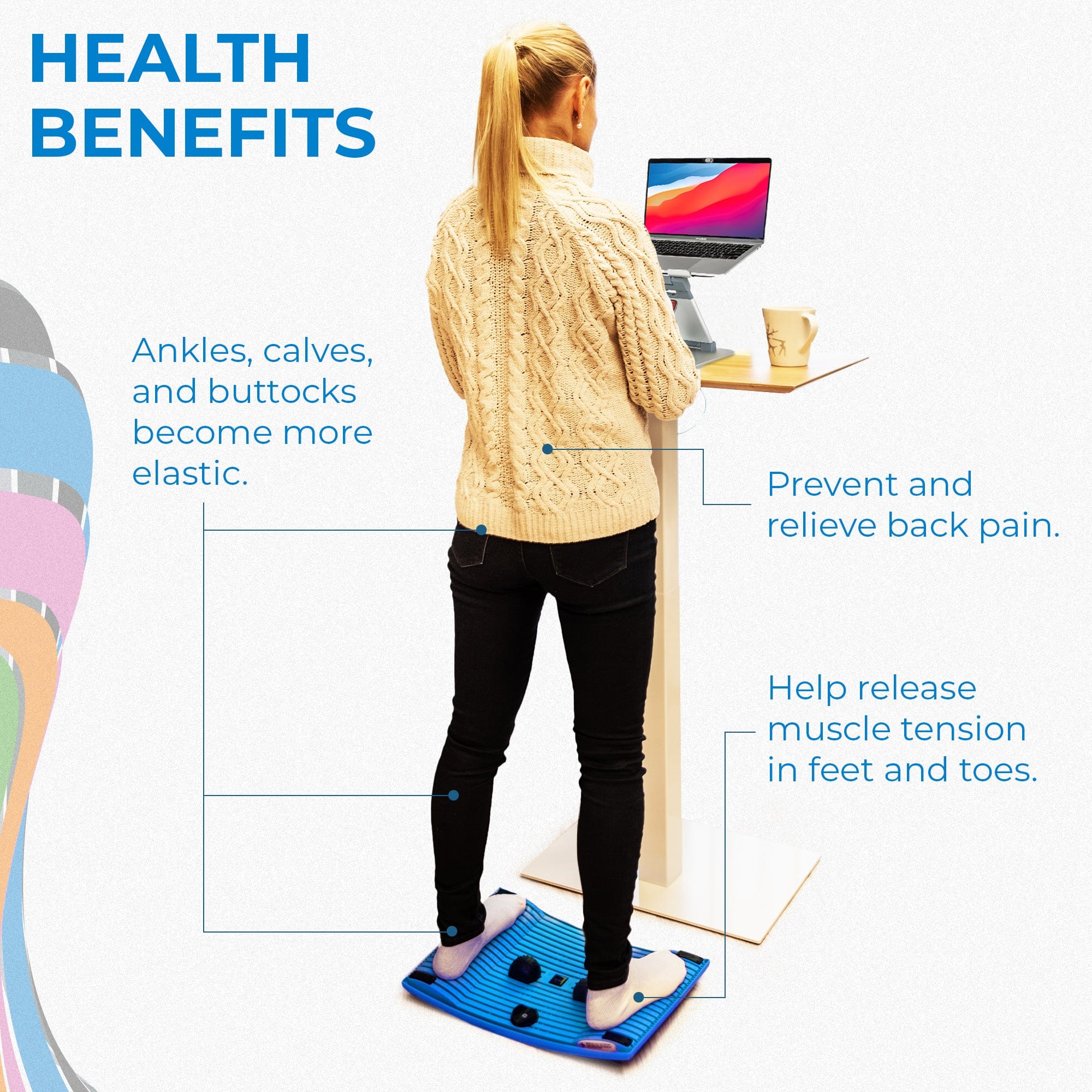 Woman standing on Gymba Active Board with text showing Benefits of standing desk